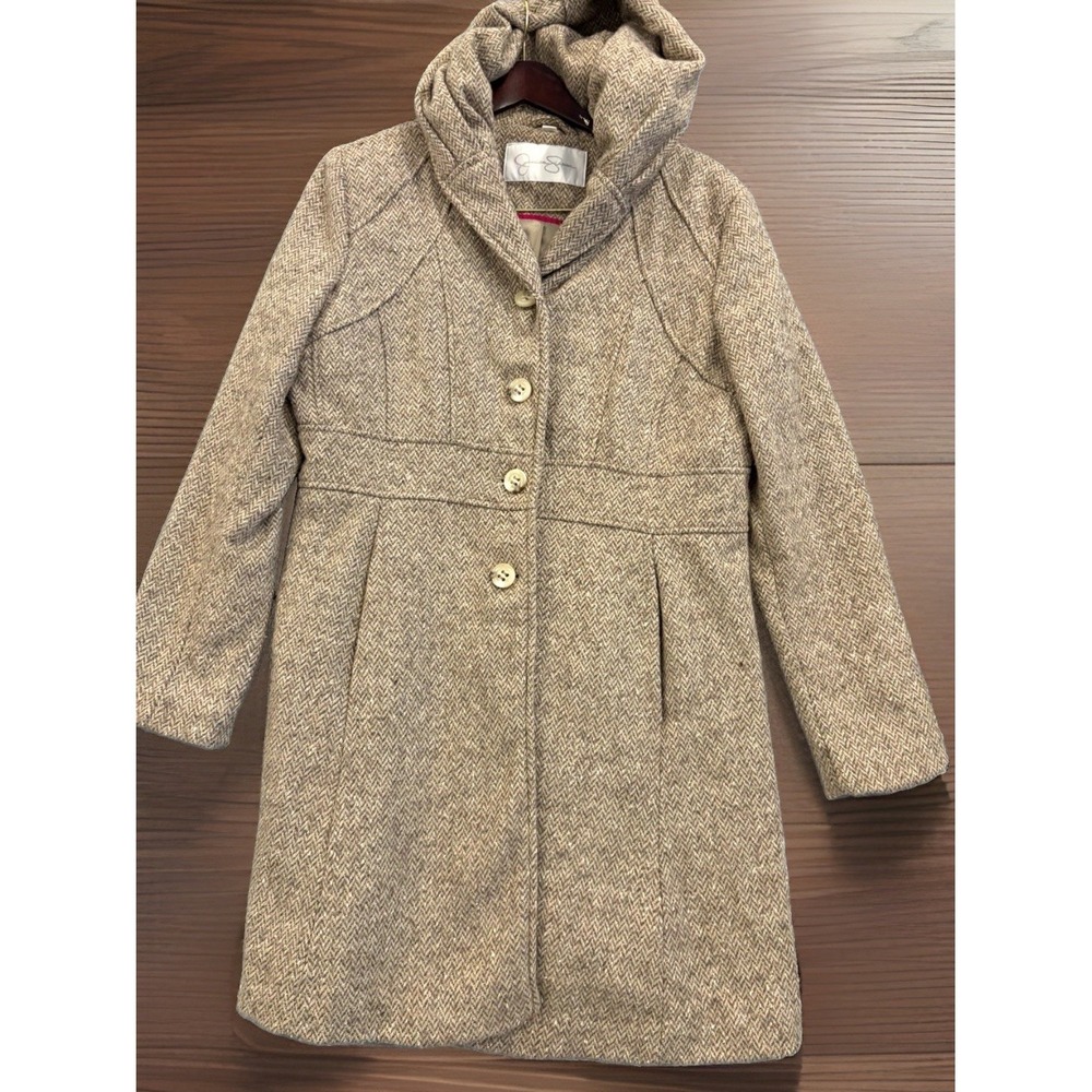Jessica Simpson Women's Beige Herringbone Hooded Button Mid-Length Coat Size XL